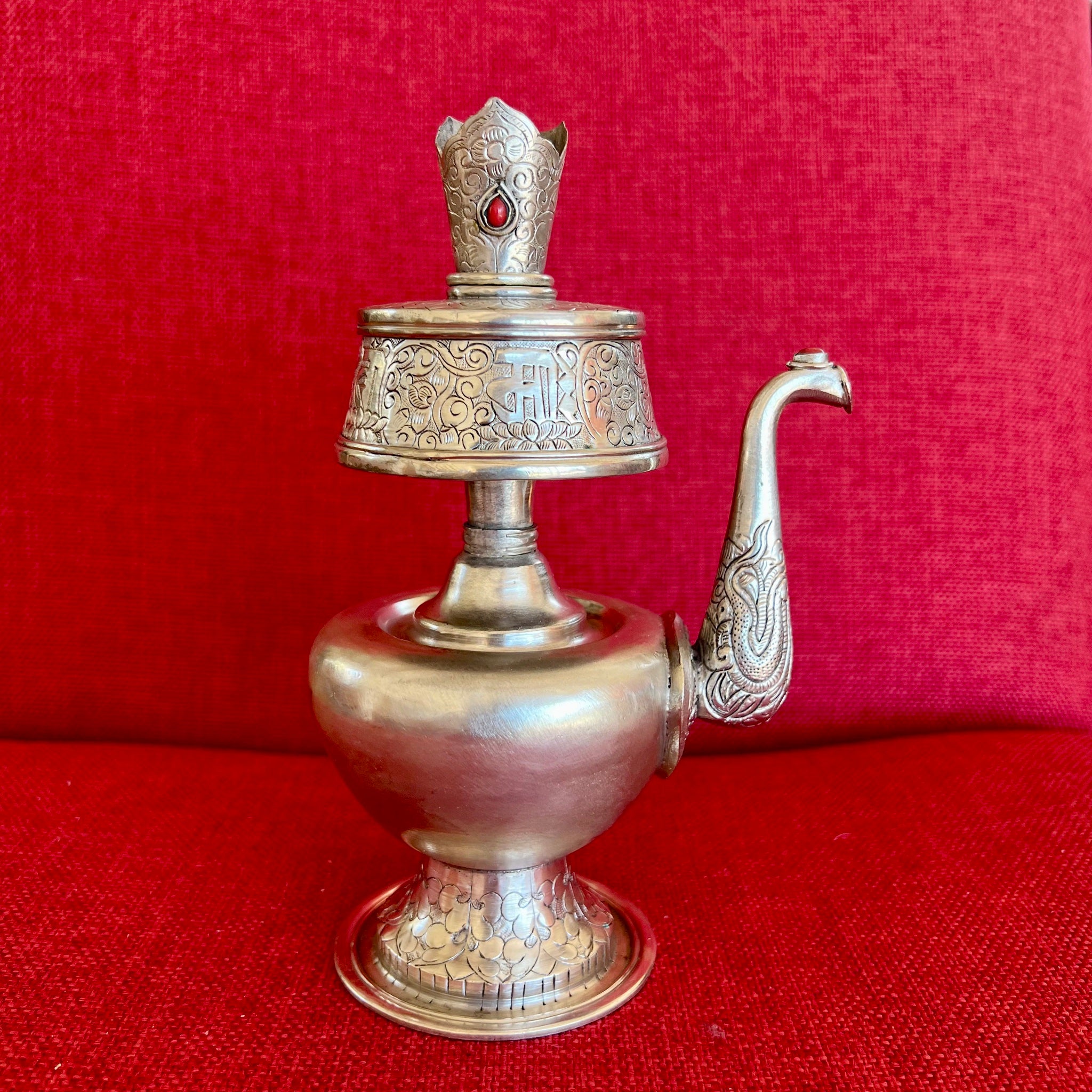20cm handmade silver plated copper bhumpa (tibetan ritual vase) with antique style finish