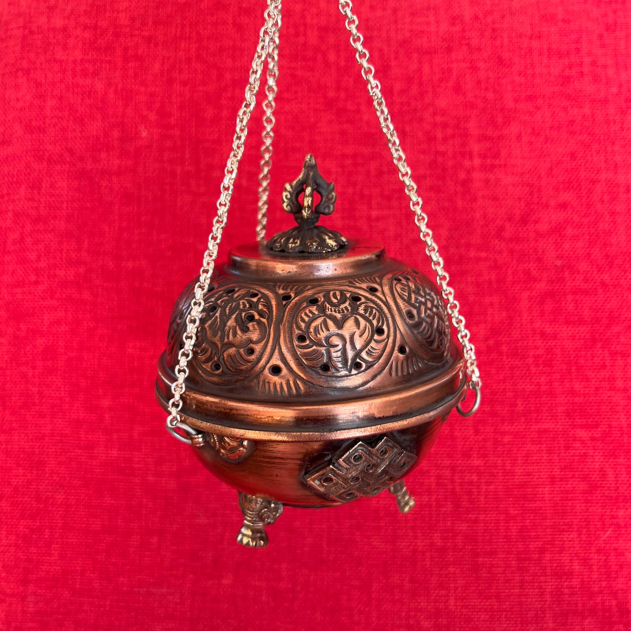 11.5cm diameter Hanging Copper Incense Burner with 8 Auspicious Symbols and oxidised finish