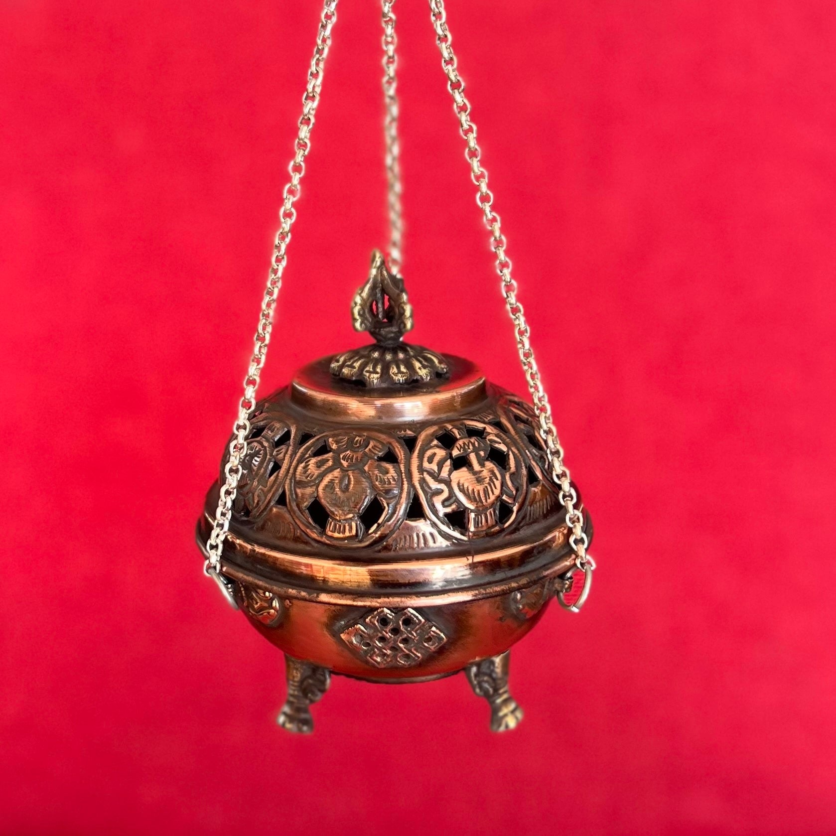 9.5cm Diameter Hanging Copper Incense Burner with oxidised finish and 8 Auspicious Symbols around the lid