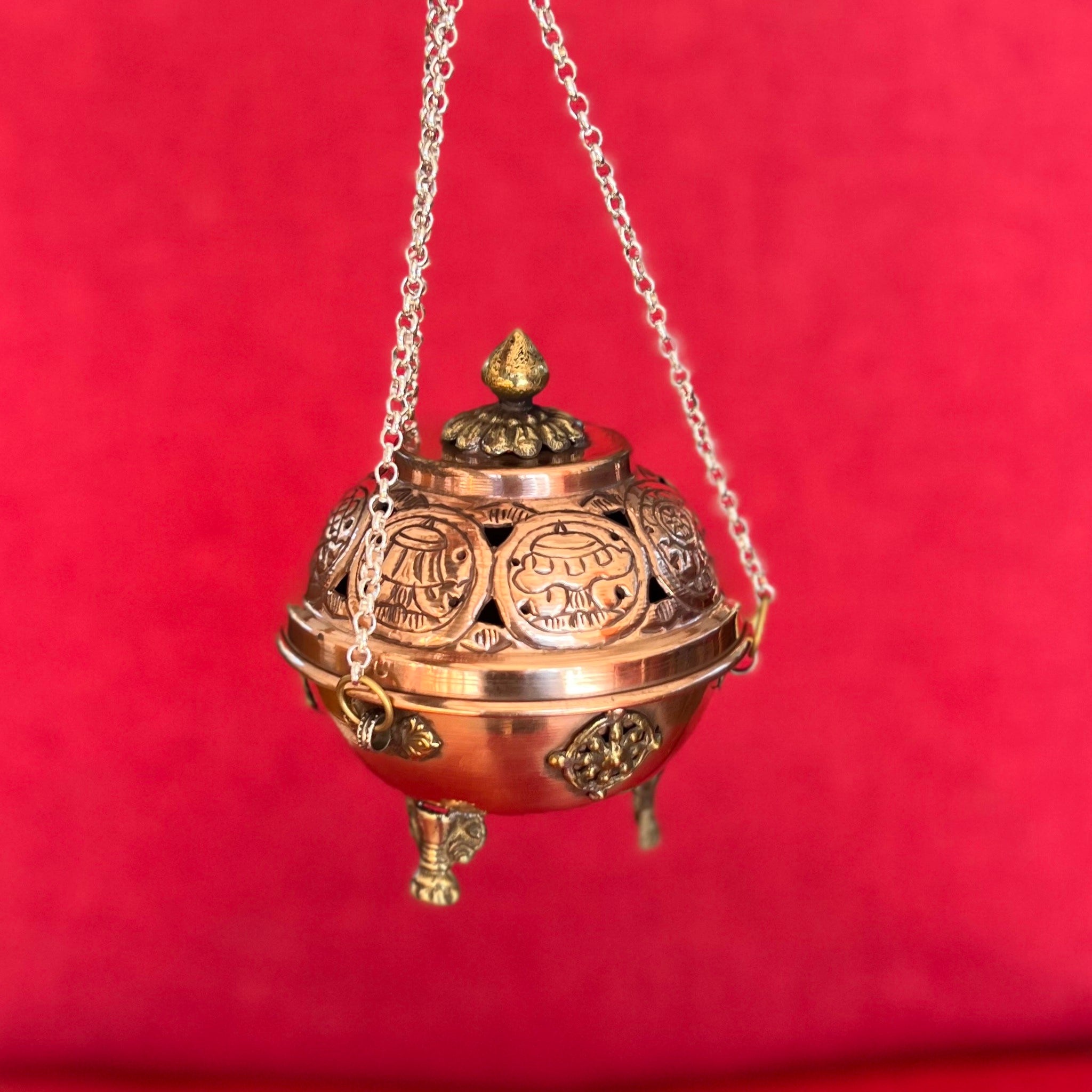 9.5cm Diameter Hanging Copper Incense Burner with shiny finish and 8 Auspicious Symbols around the lid