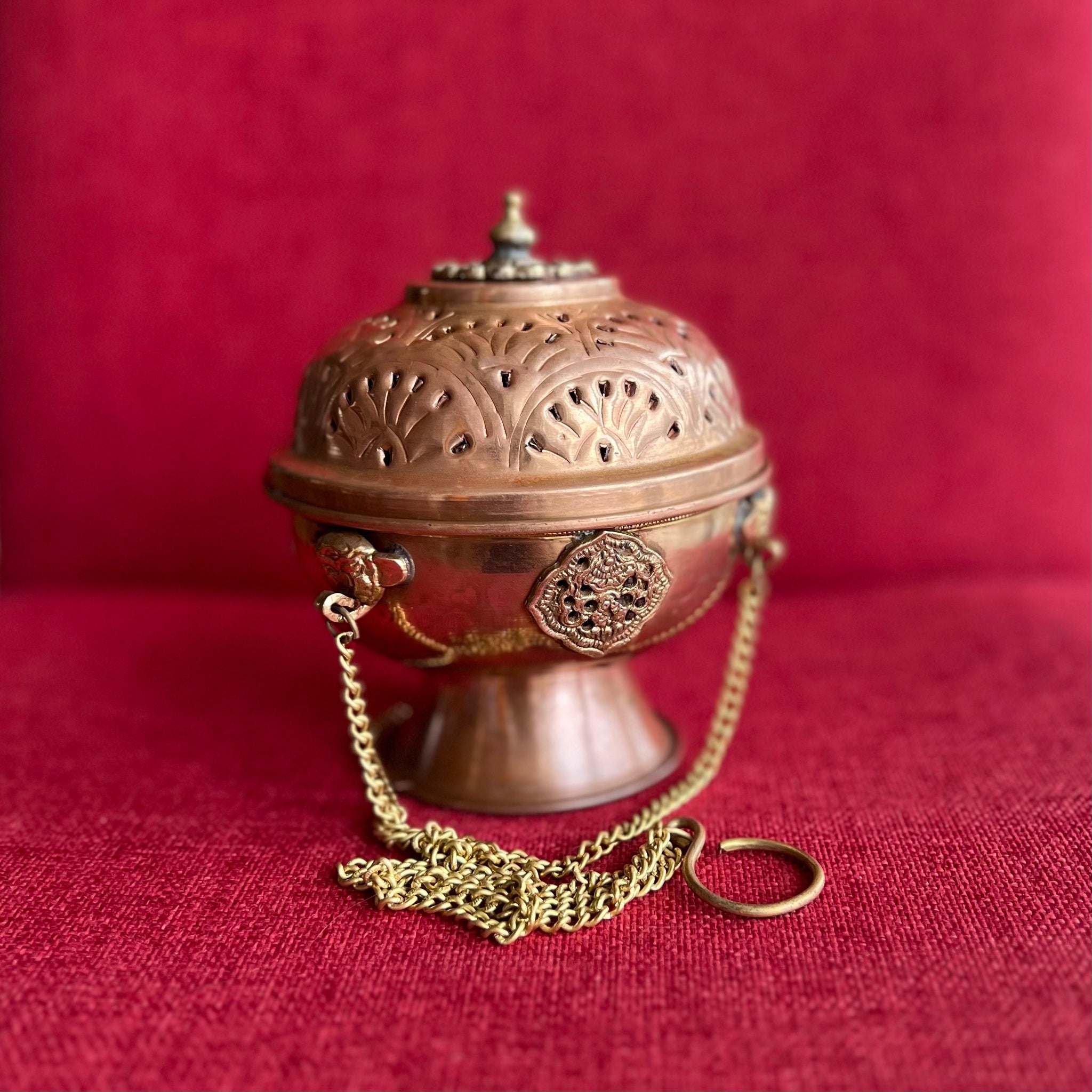 12cm Hanging Copper Incense Burner with Auspicious Symbols and pedestal base