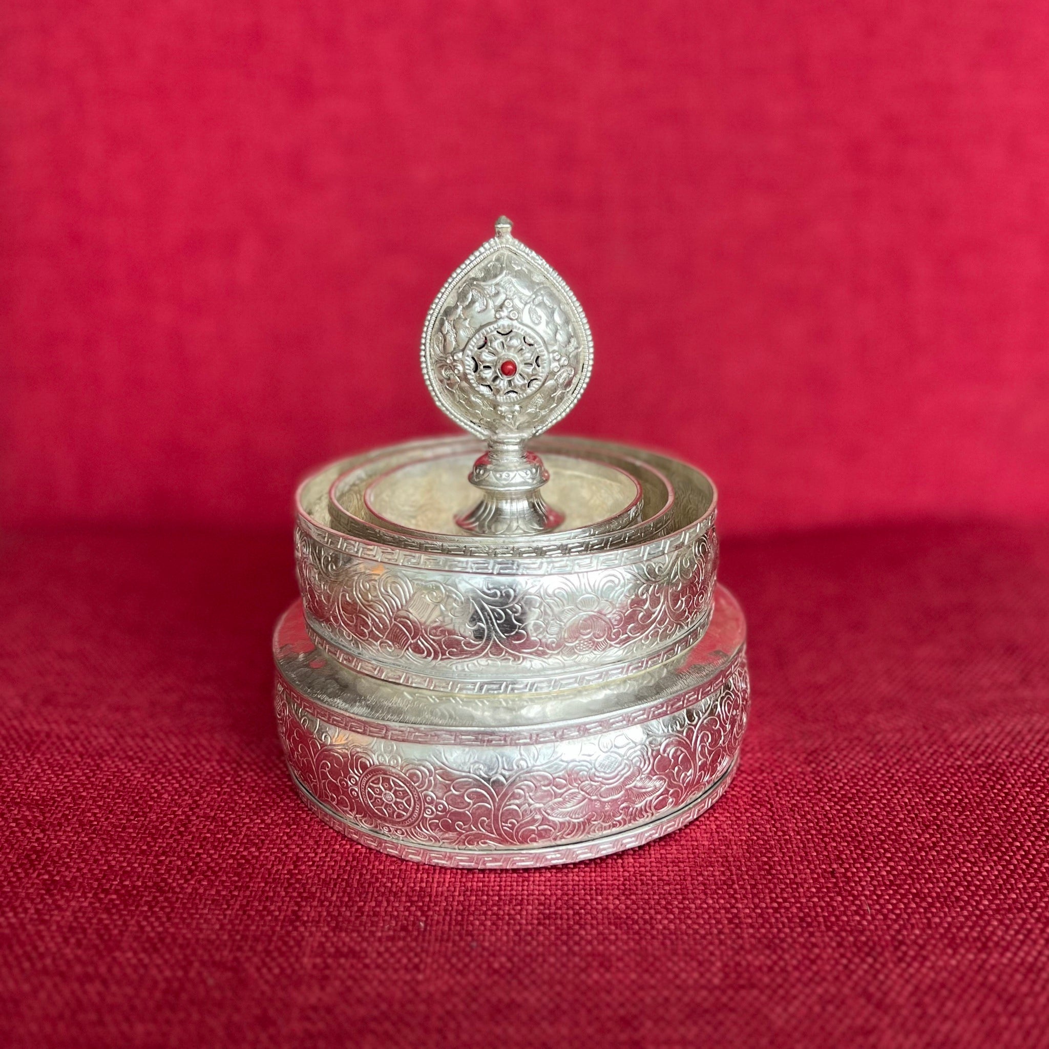 13cm Handmade Silver Plated Copper Mandala Offering set with shiny finish