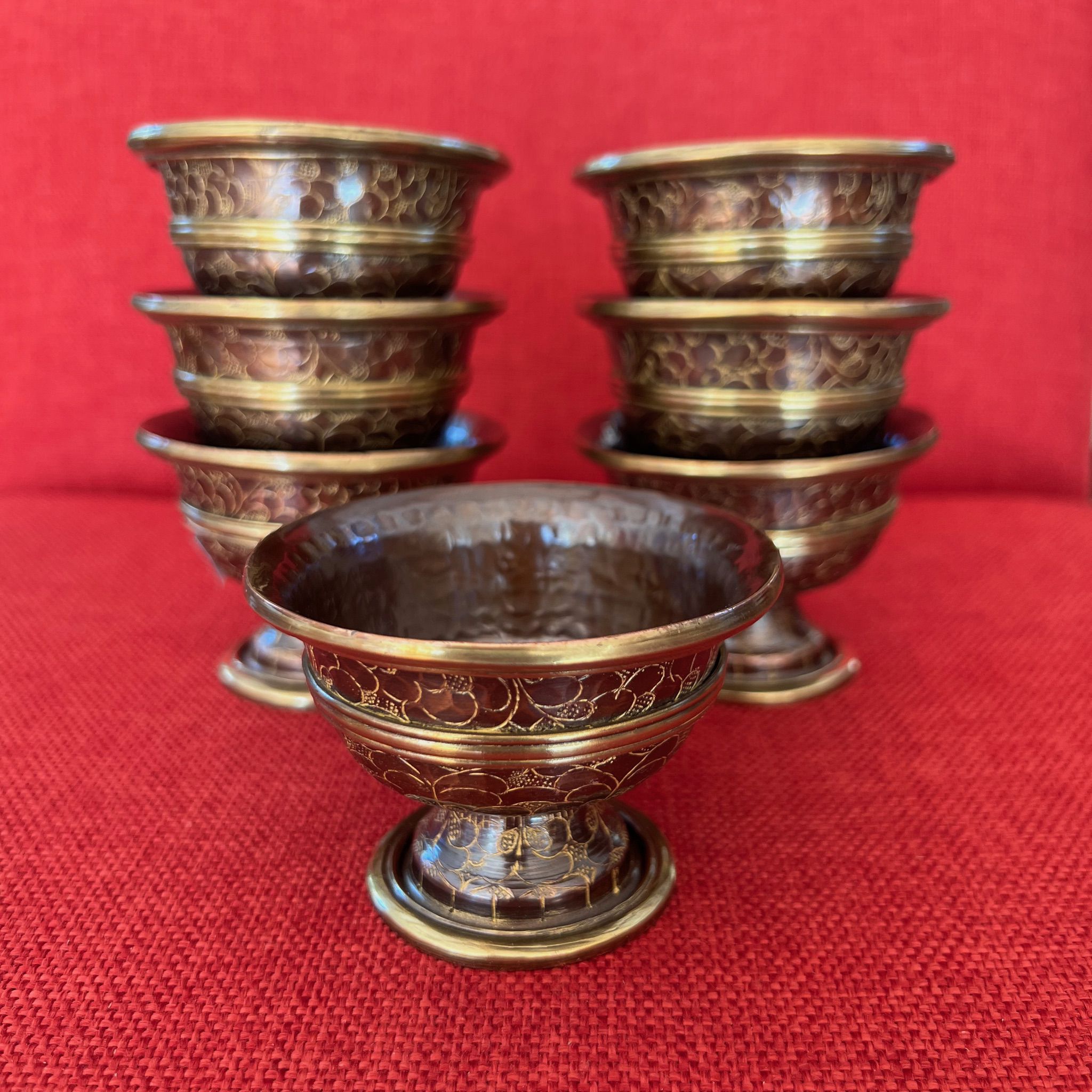 8cm Diameter Oxidised Copper Offering Bowls with Stand and Etching