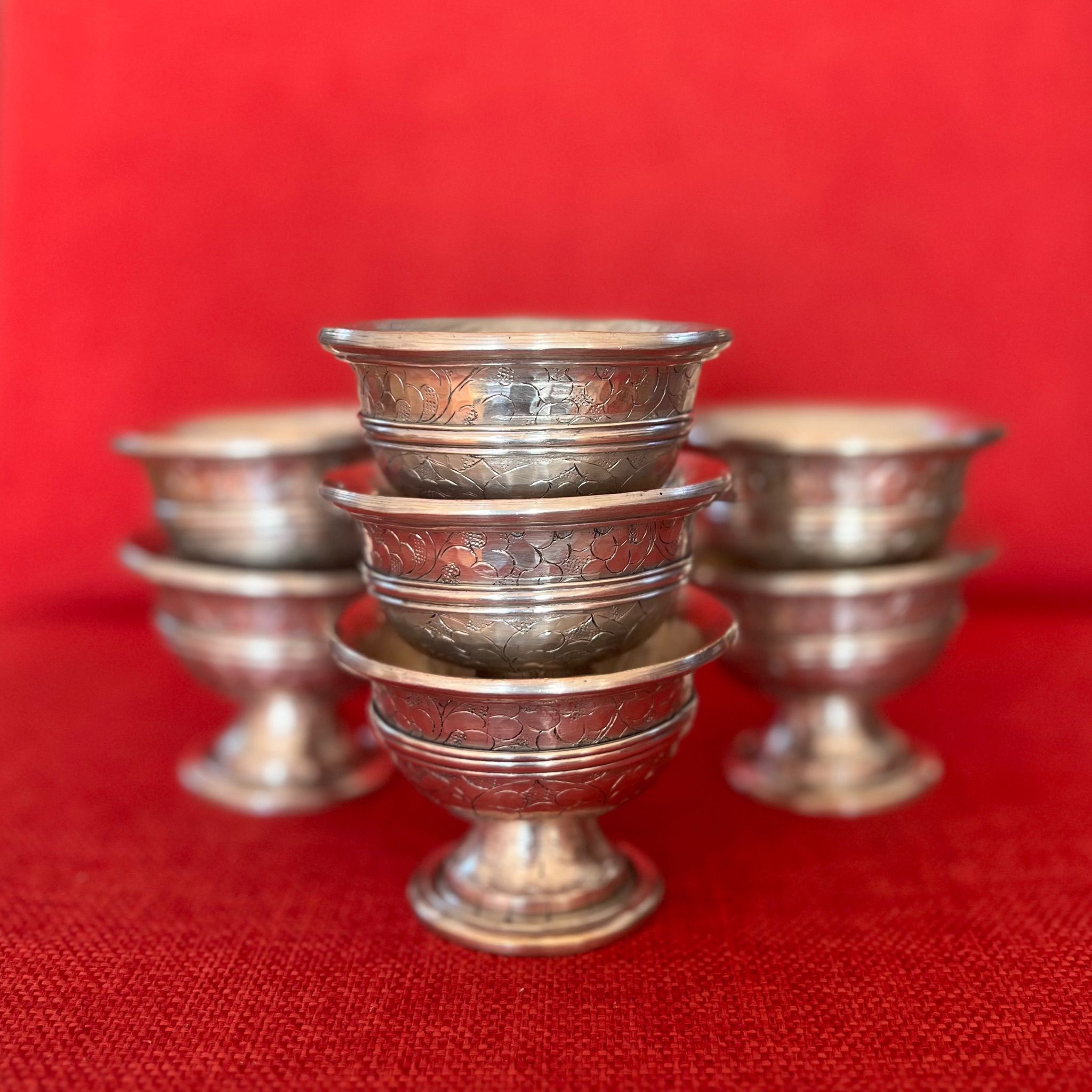 8cm Diameter Silver Plated Copper Offering Bowls with Stand and Etching