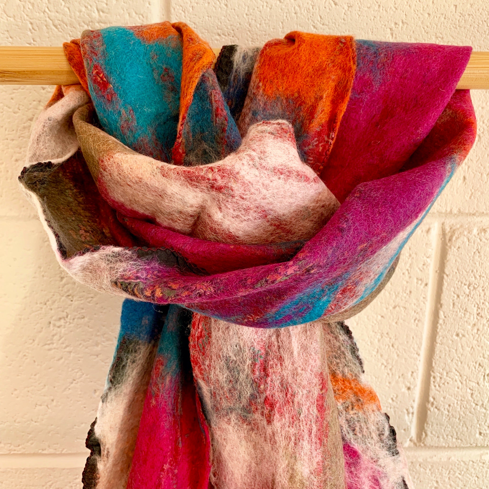 Felted Silk Scarf - Blue, Pink and Orange