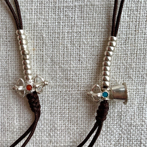 Sterling Silver Mala Counters with Bell and Dorje, brown string and 3mm wide beads
