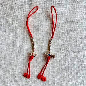 Sterling Silver Mala Counters with Bell and Dorje, red string and 3mm wide beads