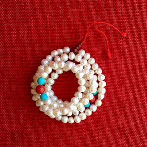Pearl Mala (Prayer Beads) with Turquoise & Coral 8mm