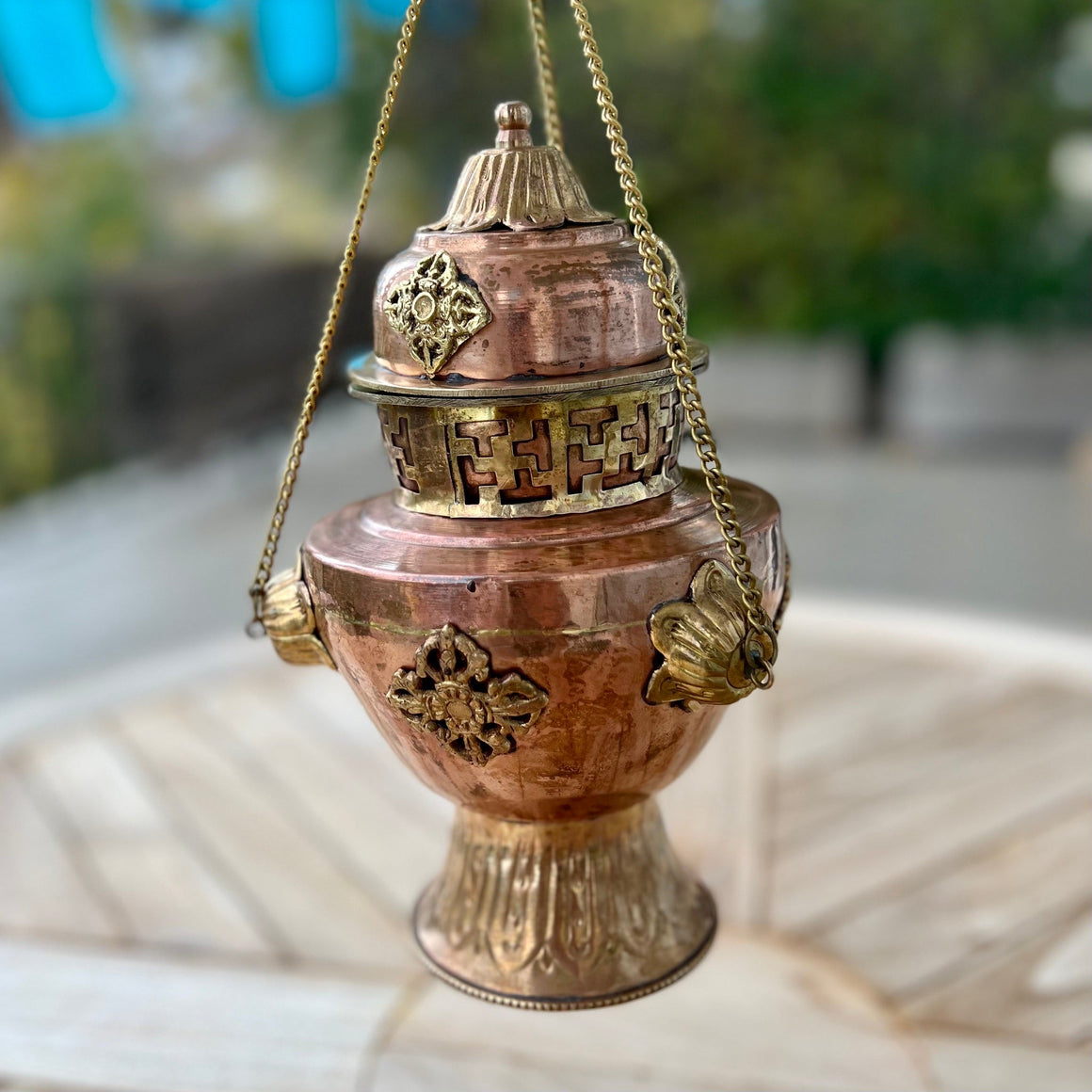 Large 24cm high Vase Style Hanging Copper Incense Burner with Brass decorations of Lotus flowers, Double Dorje and Yungdrung