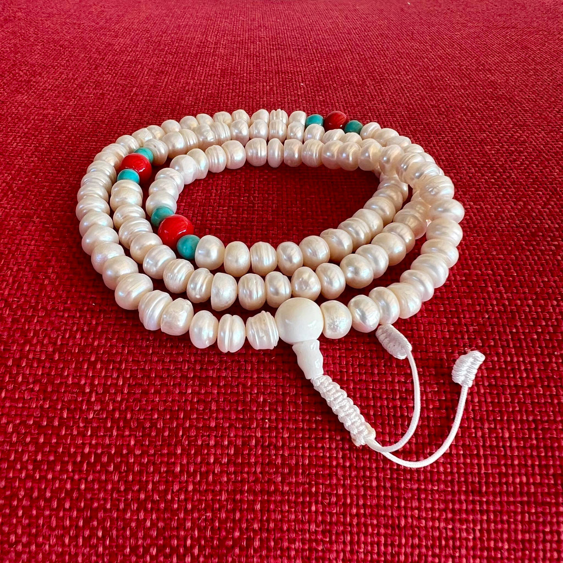 8mm Pearl Mala Prayer Beads with Turquoise and Coral