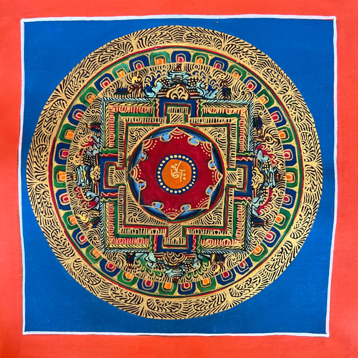 Mandala Painting with Om and Blue and Red background