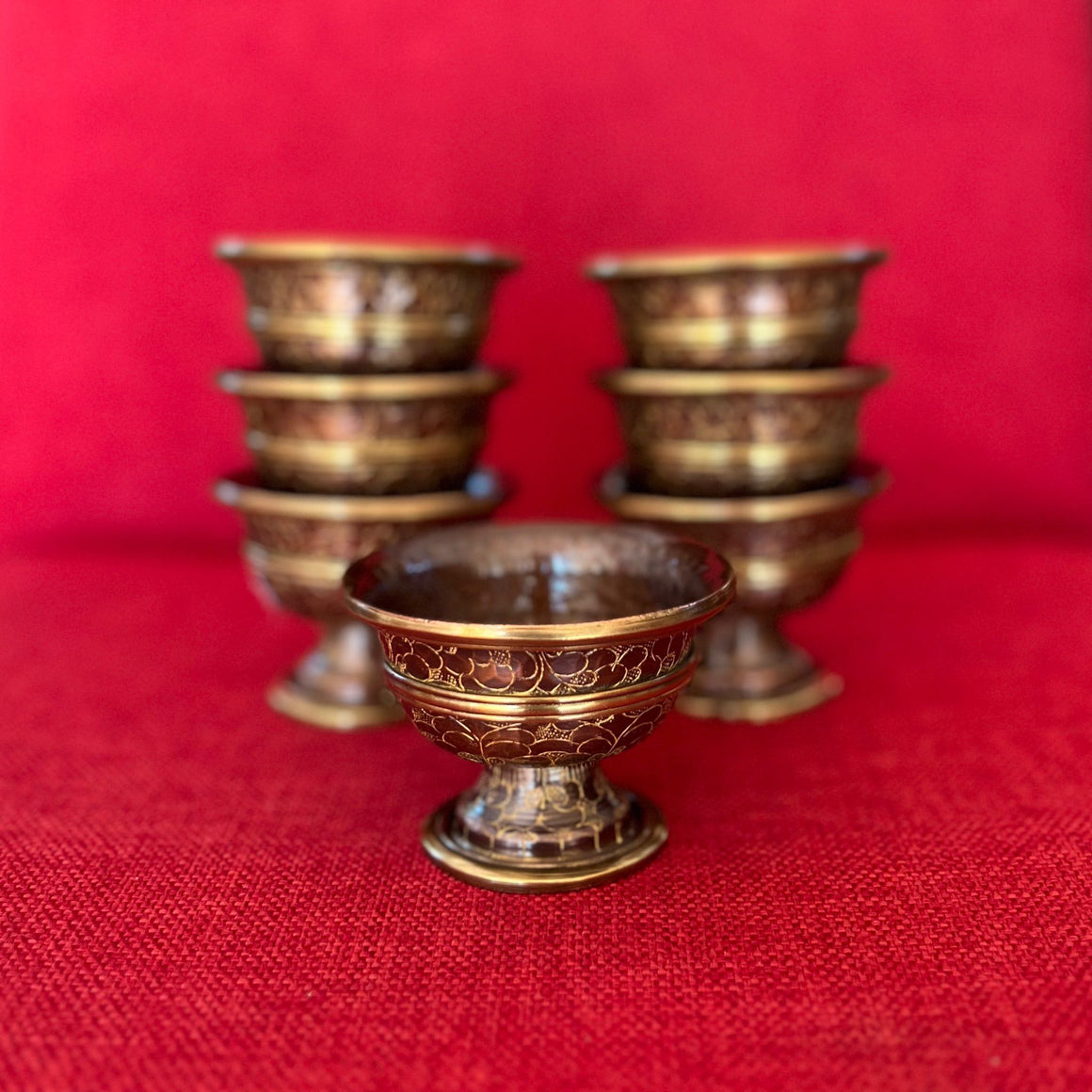 8cm Oxidised Copper Offering Bowls with Stand and Etching