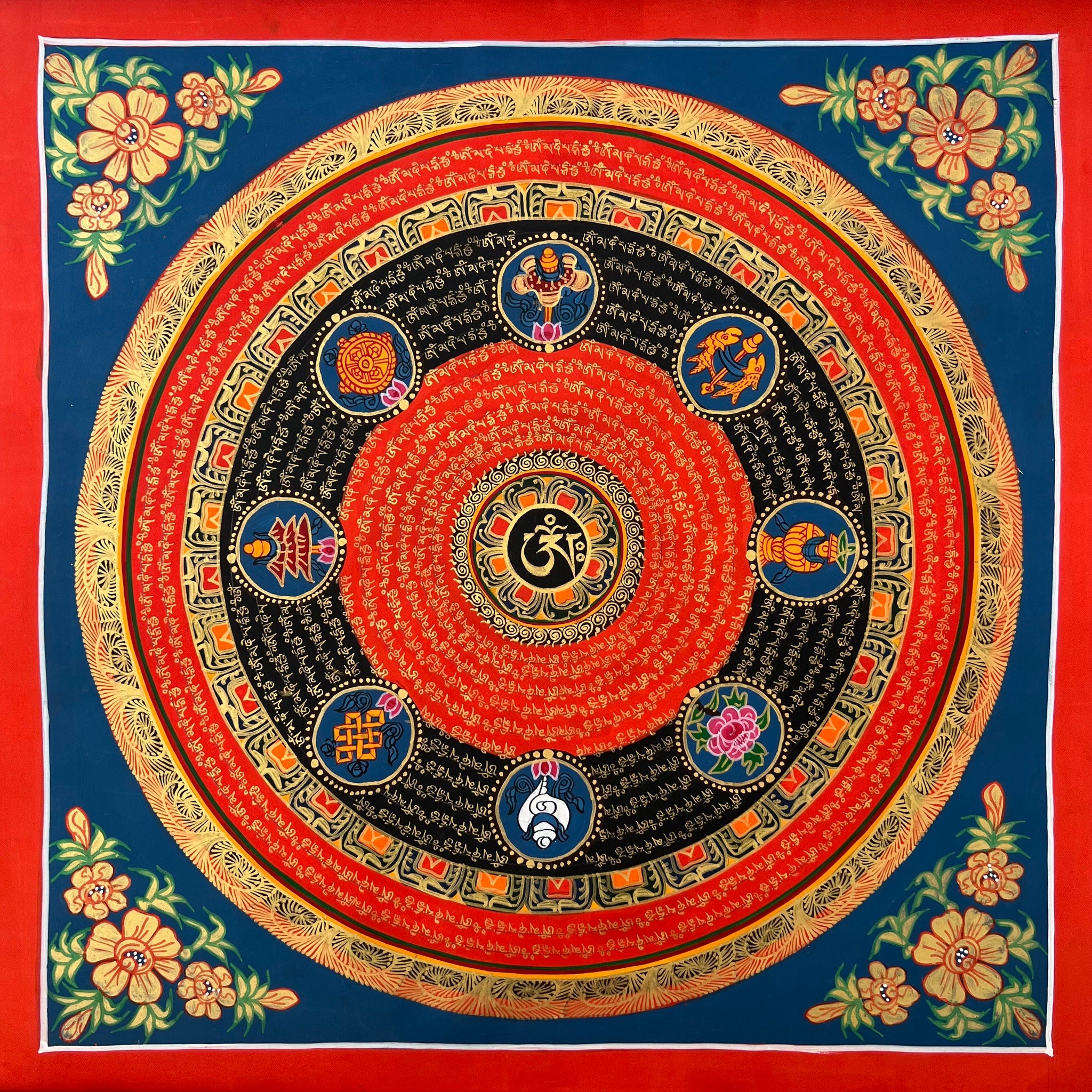 56cm Mandala Painting with Tibetan Om in centre and Om Mani Padme Hung Mantra circling around in addition to the 8 auspicious symbols on a red and blue background 