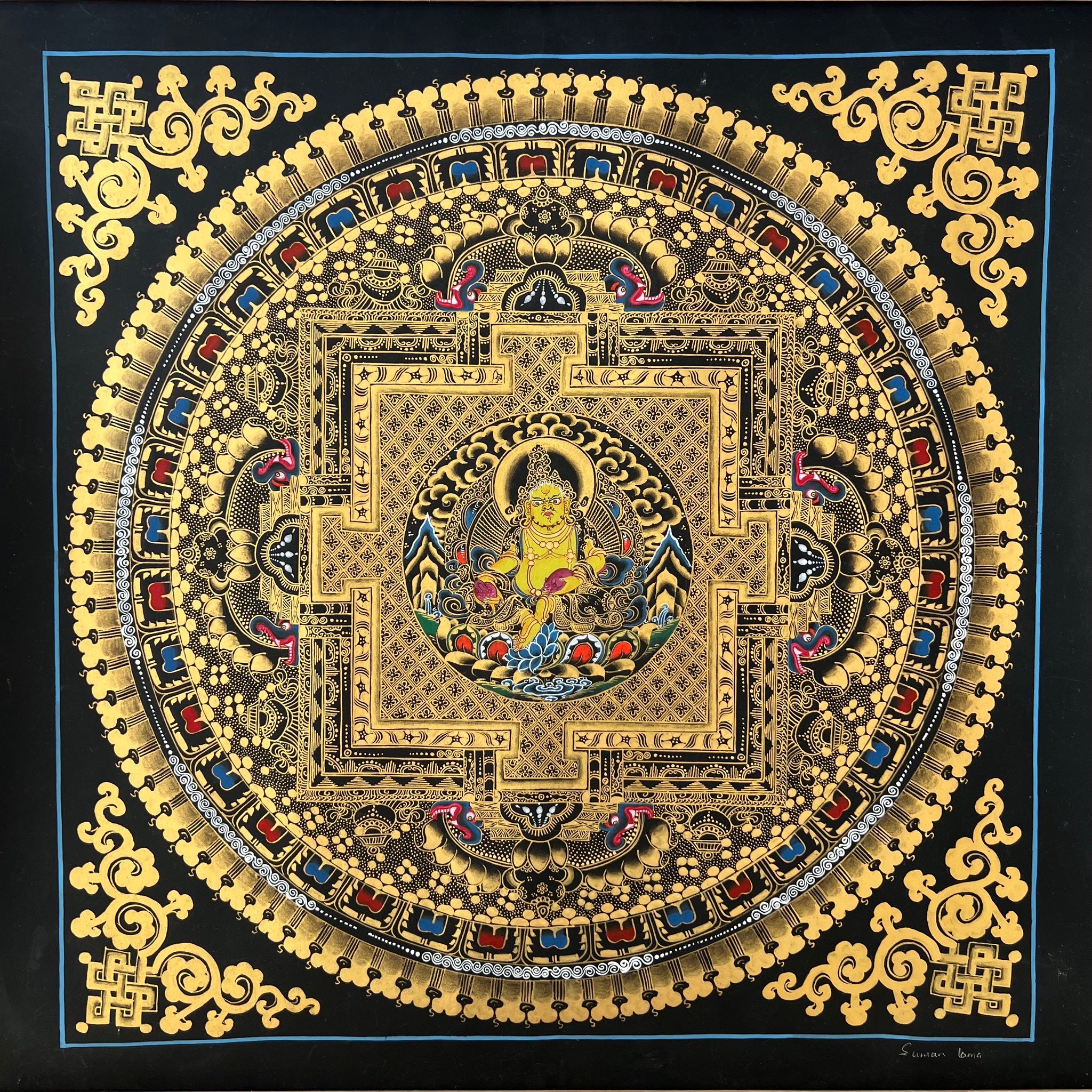 56cm Black and Gold Mandala Painting featuring Dzambhala inside a symbolic palace 