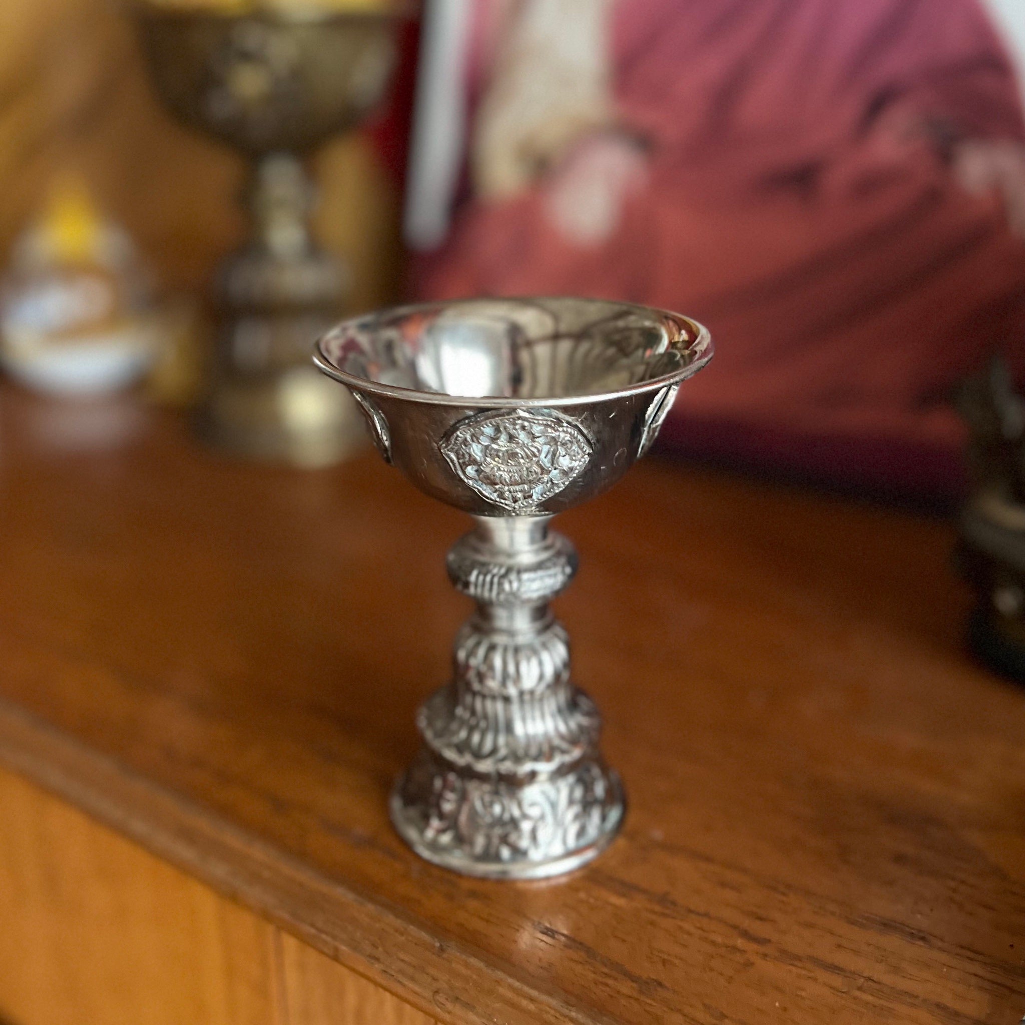 11.5cm White Metal Butterlamp with Embossed Auspicious Symbols