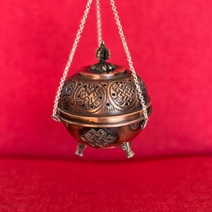 11.5cm diameter Hanging Copper Incense Burner with 8 Auspicious Symbols and oxidised finish