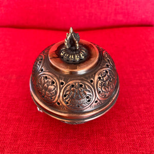 11.5cm diameter Hanging Copper Incense Burner with 8 Auspicious Symbols and oxidised finish