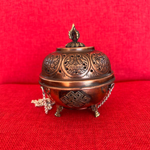 11.5cm diameter Hanging Copper Incense Burner with 8 Auspicious Symbols and oxidised finish