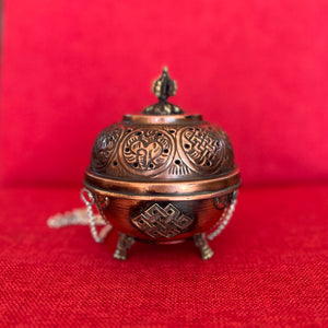 11.5cm diameter Hanging Copper Incense Burner with 8 Auspicious Symbols and oxidised finish