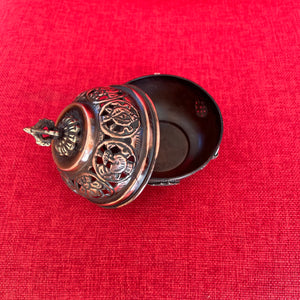 9.5cm Diameter Hanging Copper Incense Burner with oxidised finish and 8 Auspicious Symbols around the lid