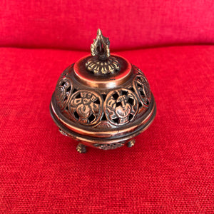 9.5cm Diameter Hanging Copper Incense Burner with oxidised finish and 8 Auspicious Symbols around the lid