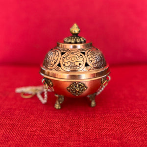 9.5cm Diameter Hanging Copper Incense Burner with shiny finish and 8 Auspicious Symbols around the lid