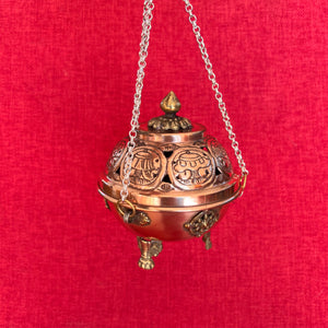 9.5cm Diameter Hanging Copper Incense Burner with shiny finish and 8 Auspicious Symbols around the lid