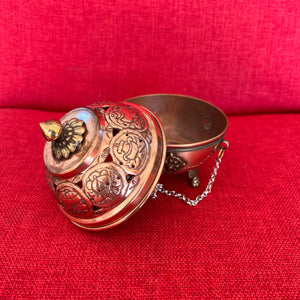 9.5cm Diameter Hanging Copper Incense Burner with shiny finish and 8 Auspicious Symbols around the lid