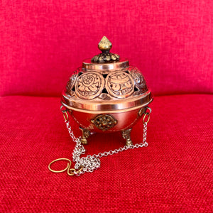9.5cm Diameter Hanging Copper Incense Burner with shiny finish and 8 Auspicious Symbols around the lid