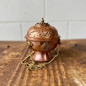 12cm Hanging Copper Incense Burner with Auspicious Symbols and pedestal base