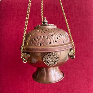 12cm Hanging Copper Incense Burner with Auspicious Symbols and pedestal base