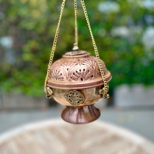 12cm Hanging Copper Incense Burner with Auspicious Symbols and pedestal base