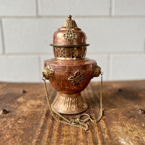 Large 24cm high Vase Style Hanging Copper Incense Burner with Brass decorations of Lotus flowers, Double Dorje and Yungdrung