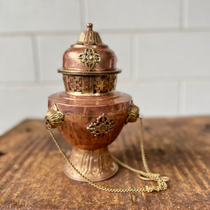 Large 24cm high Vase Style Hanging Copper Incense Burner with Brass decorations of Lotus flowers, Double Dorje and Yungdrung