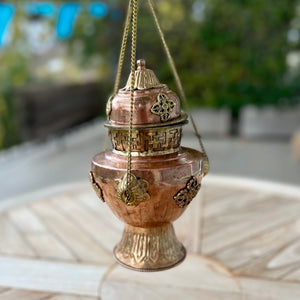 Large 24cm high Vase Style Hanging Copper Incense Burner with Brass decorations of Lotus flowers, Double Dorje and Yungdrung