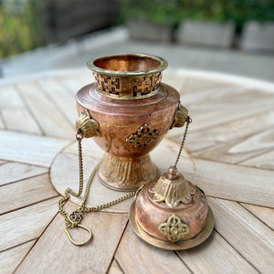 Large 24cm high Vase Style Hanging Copper Incense Burner with Brass decorations of Lotus flowers, Double Dorje and Yungdrung