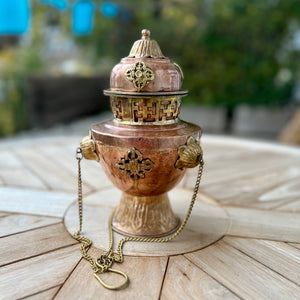 Large 24cm high Vase Style Hanging Copper Incense Burner with Brass decorations of Lotus flowers, Double Dorje and Yungdrung