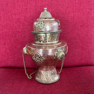 Large 24cm high Vase Style Hanging Copper Incense Burner with Brass decorations of Lotus flowers, Double Dorje and Yungdrung