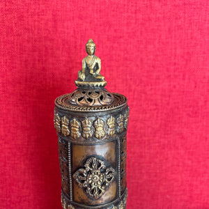Vertical Copper Incense Holder with Brass Buddha on top of Cylinder Lid and round base with Brass Buddha 2 holes for incense sticks