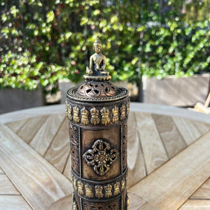 Vertical Copper Incense Holder with Brass Buddha on top of Cylinder Lid and round base with Brass Buddha 2 holes for incense sticks