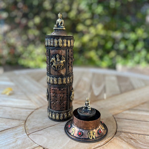 Vertical Copper Incense Holder with Brass Buddha on top of Cylinder Lid and round base with Brass Buddha 2 holes for incense sticks
