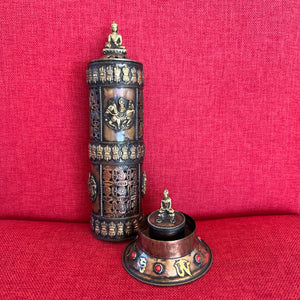 Vertical Copper Incense Holder with Brass Buddha on top of Cylinder Lid and round base with Brass Buddha 2 holes for incense sticks
