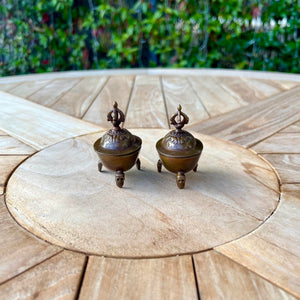 Pair of 6.5cm High Oxidised Brass Kapala with Skull Legs