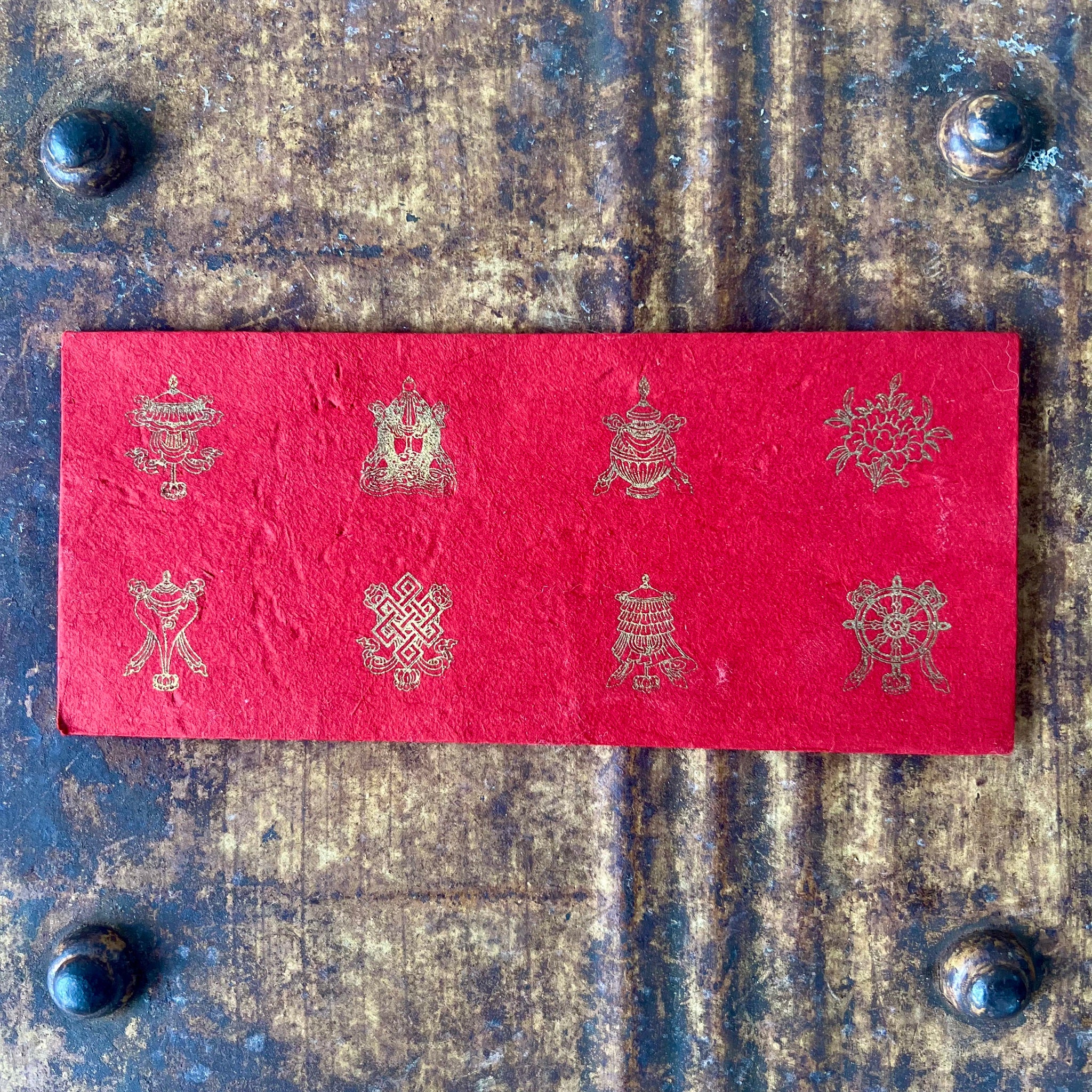 Red Lokta Paper Offering Envelope with 8 auspicious symbols of Tibetan Buddhism in Gold