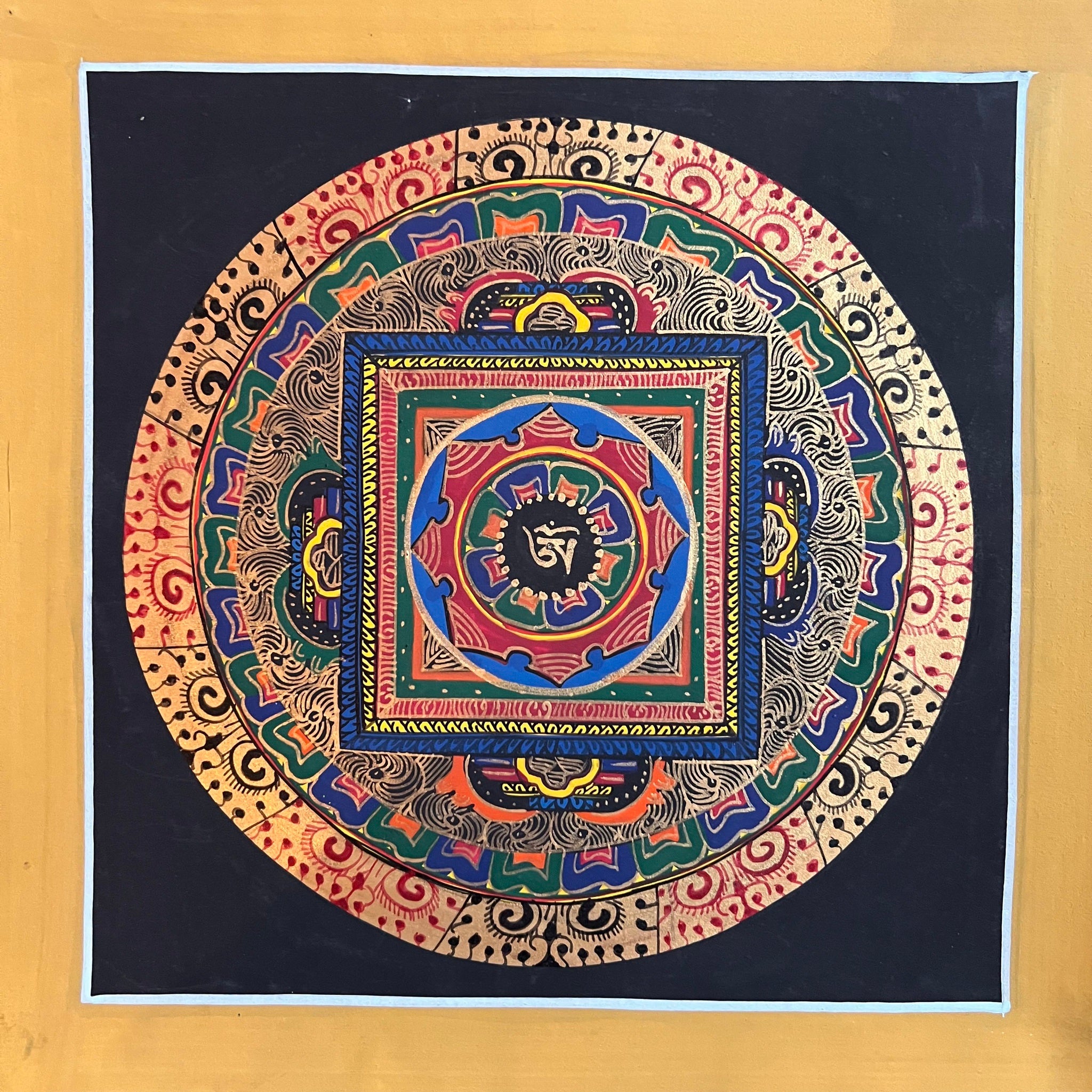25.6cm Square Mandala Painting with the Tibetan Om symbol inside a symbolic palace