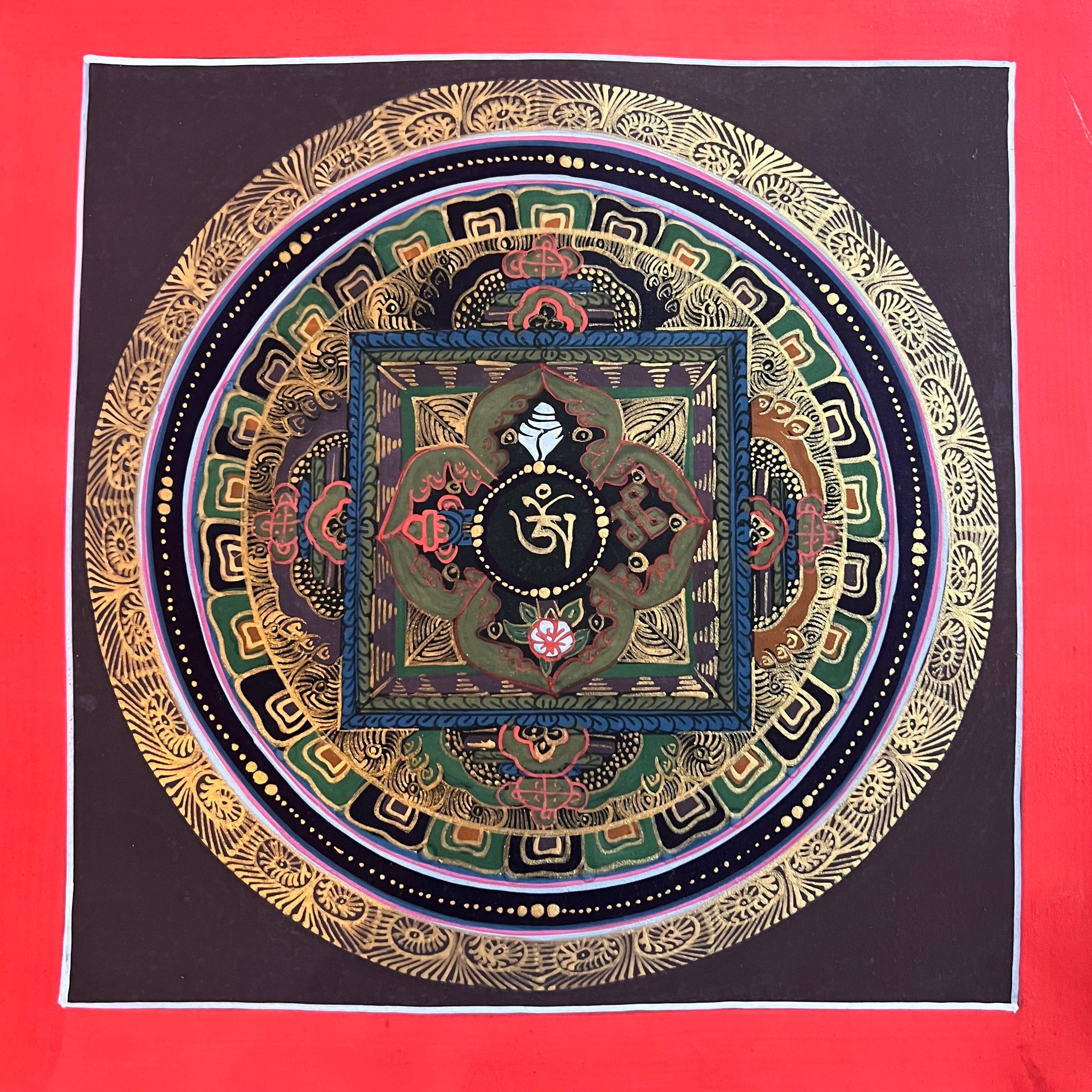 26.3cm Square Mandala Painting with the Tibetan Om symbol and Tibetan Auspicious Symbols inside a symbolic palace