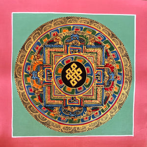 Mandala Painting with Endless Knot and Green & Pink background