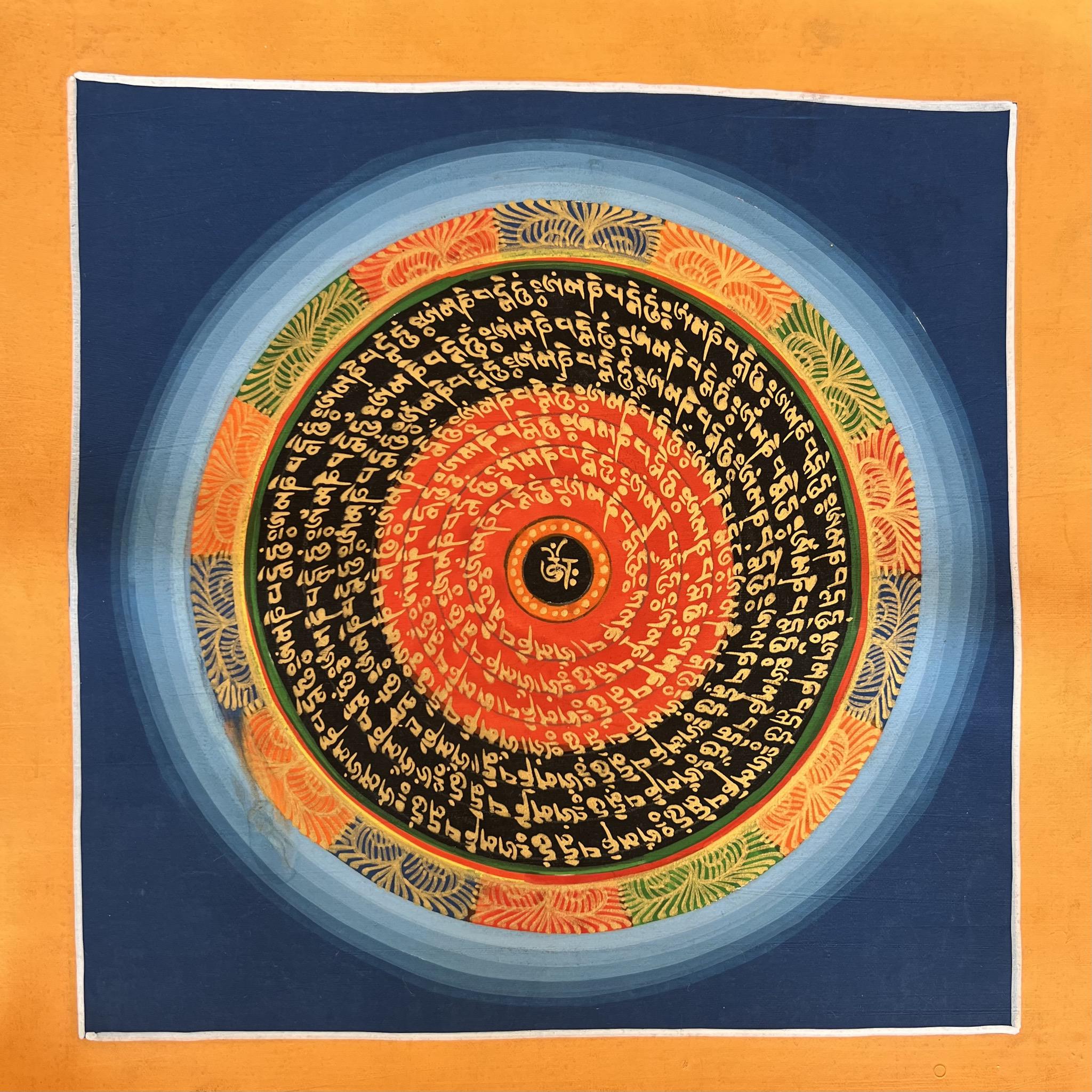 Mandala Painting with Tibetan Om symbol in the middle surrounded by the Om Mani Mantra and a blue and yellow background