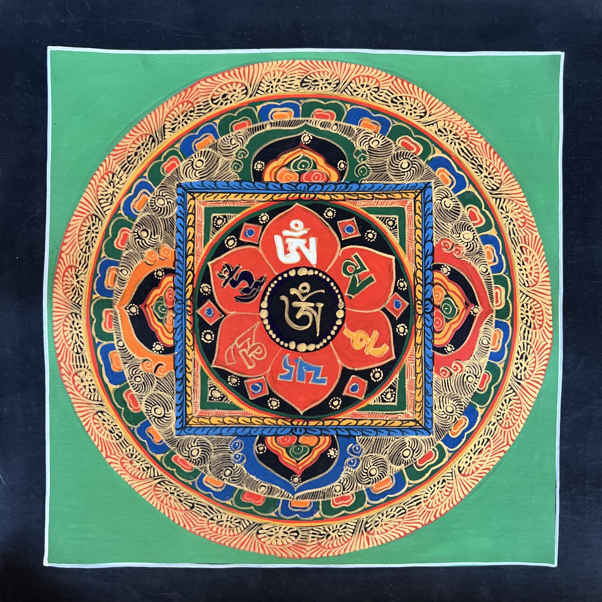 26.3cm Square Mandal Paining with the Tibetan Om symbol surrounded by the Om Mani Padme Hung Mantra and inside a symbolic palace