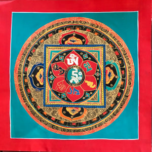 Mandala Painting Om Mani in Lotus with turquoise background